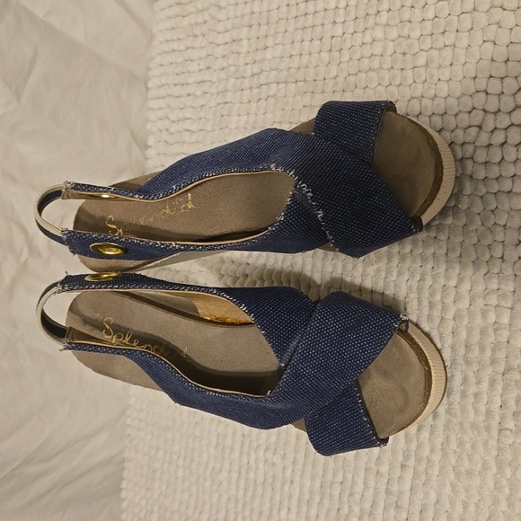 Splendid Blue Denim Khaki Canvas Slingblack Wedge Espadrille Sandals size 7 - Picture 6 of 8
